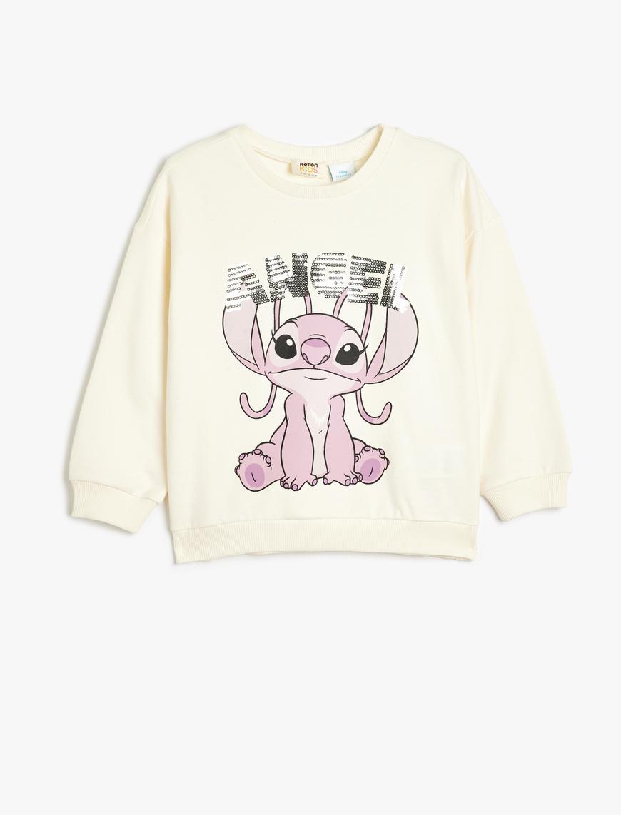  Kız Çocuk Stitch Sweatshirt Lisanslı Uzun Kollu Bisiklet Yaka Pullu Payetli Şardonlu