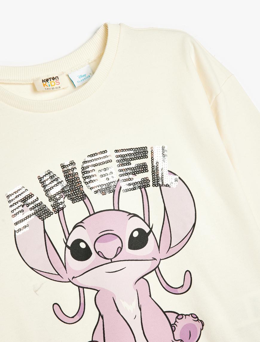 Kız Çocuk Stitch Sweatshirt Lisanslı Uzun Kollu Bisiklet Yaka Pullu Payetli Şardonlu