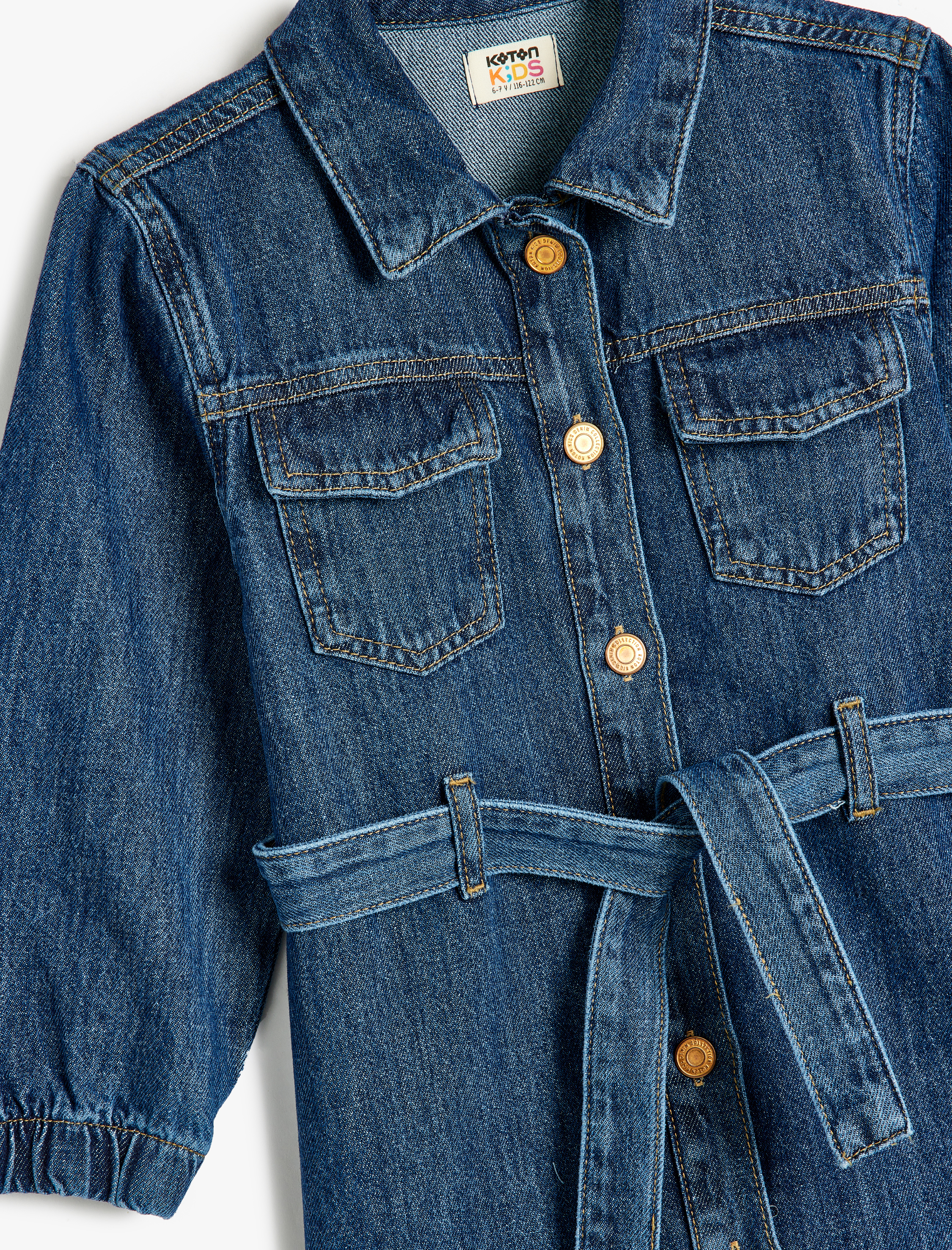  Kız Çocuk Kot Elbise Gömlek Yaka Uzun Kollu Kemer ve Düğme Detaylı Pamuklu