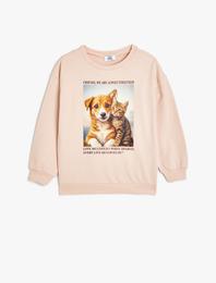 Köpek ve Kedi Baskılı Bisiklet Yaka Uzun Kollu Pamuklu Şardonlu Sweatshirt