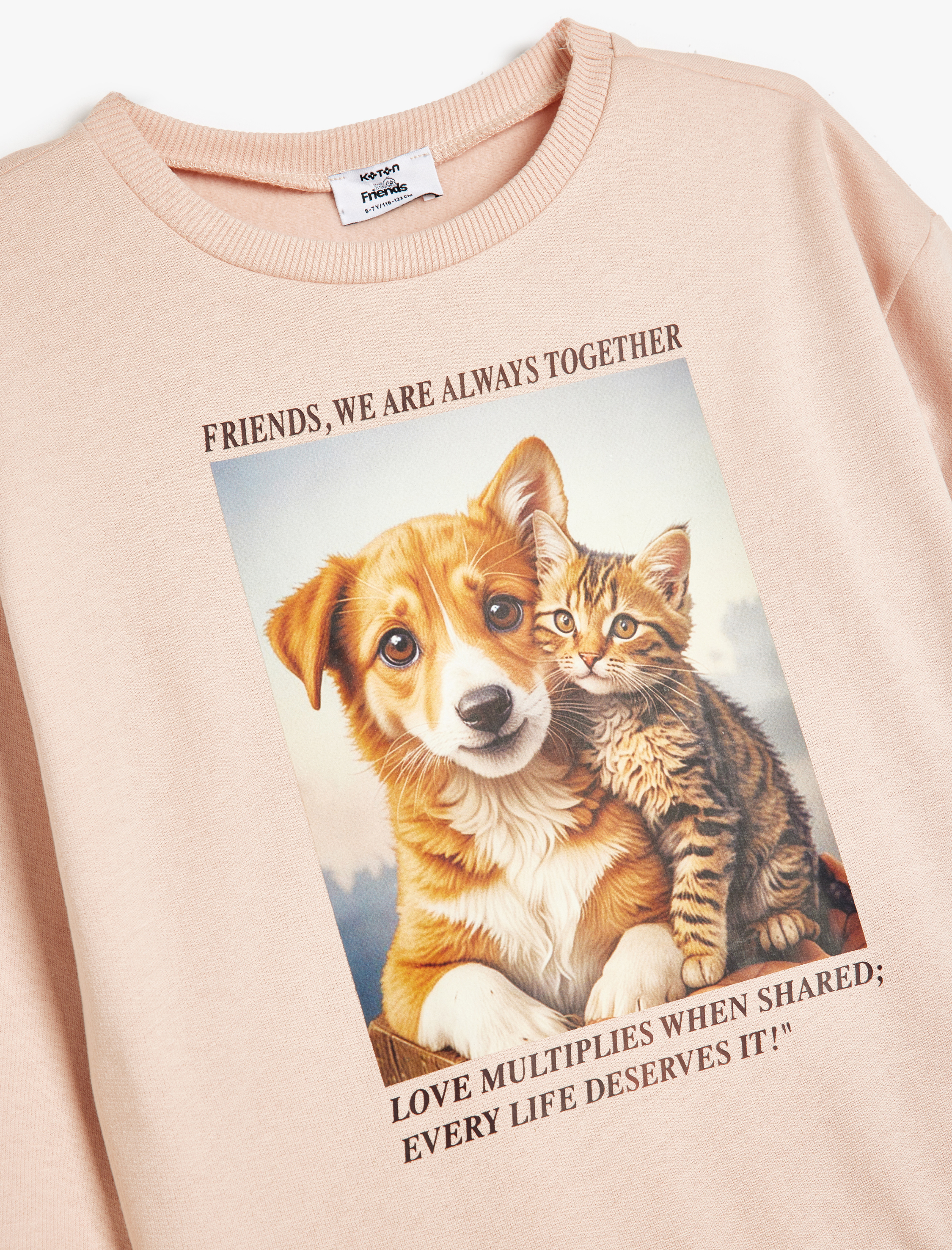 Kız Çocuk Köpek ve Kedi Baskılı Bisiklet Yaka Uzun Kollu Pamuklu Şardonlu Sweatshirt