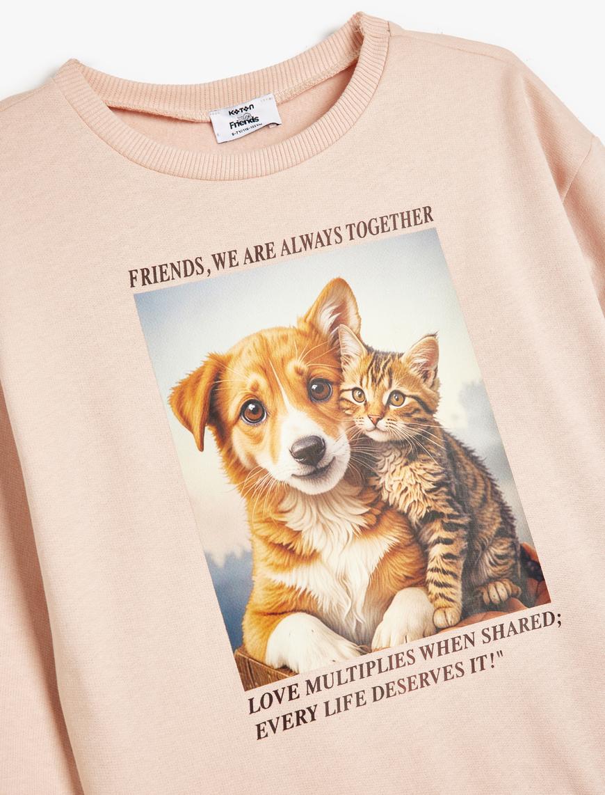  Kız Çocuk Köpek ve Kedi Baskılı Bisiklet Yaka Uzun Kollu Pamuklu Şardonlu Sweatshirt