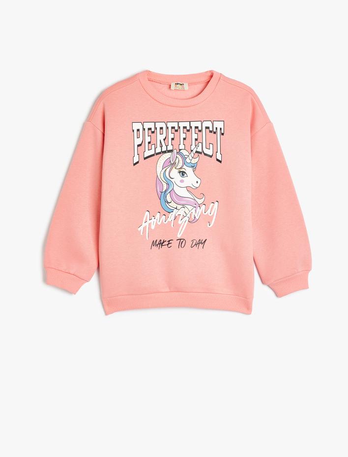 Kız Çocuk Sweatshirt Unicorn Baskılı Uzun Kollu Bisiklet Yaka Pamuk Karışımlı Şardonlu