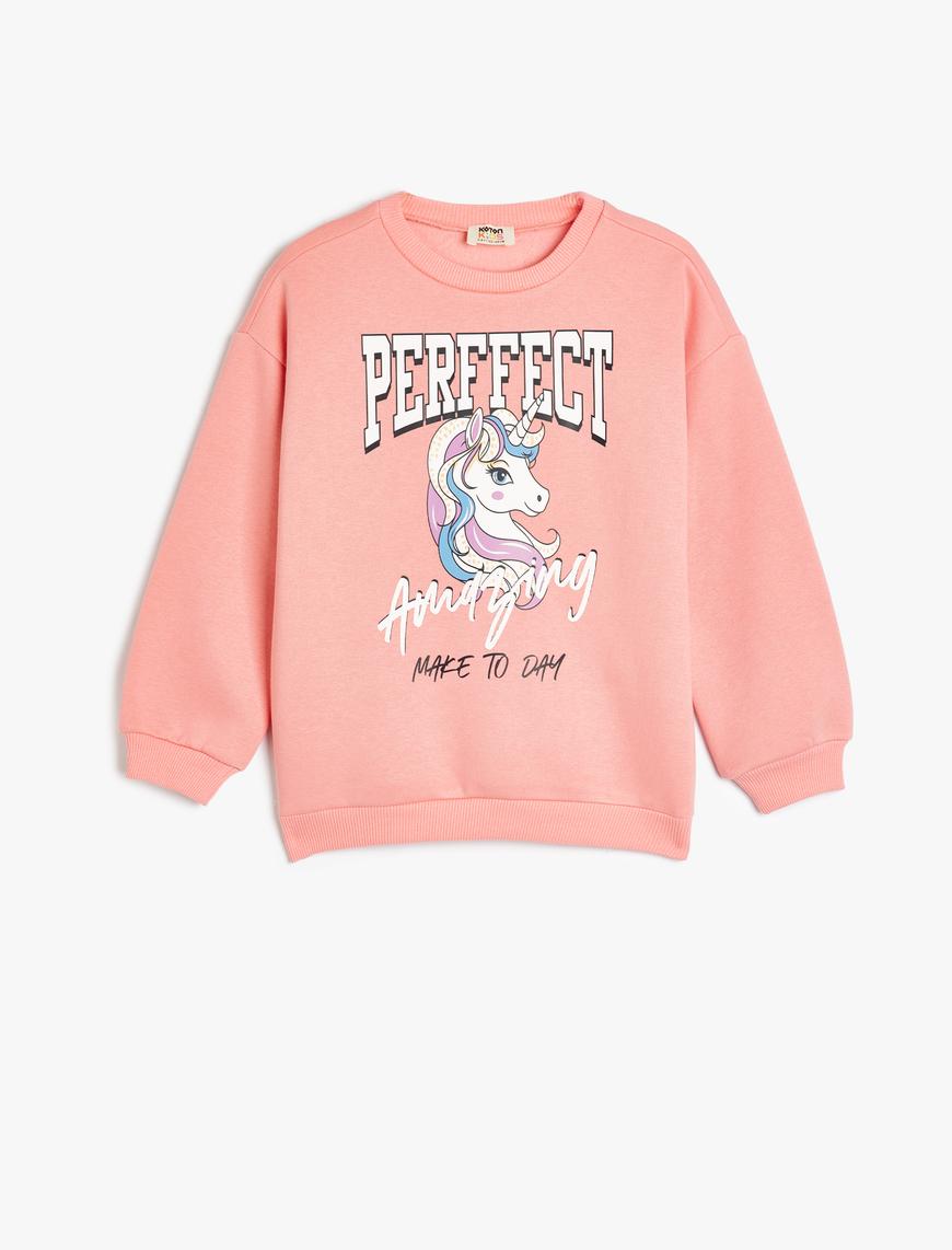  Kız Çocuk Sweatshirt Unicorn Baskılı Uzun Kollu Bisiklet Yaka Pamuk Karışımlı Şardonlu