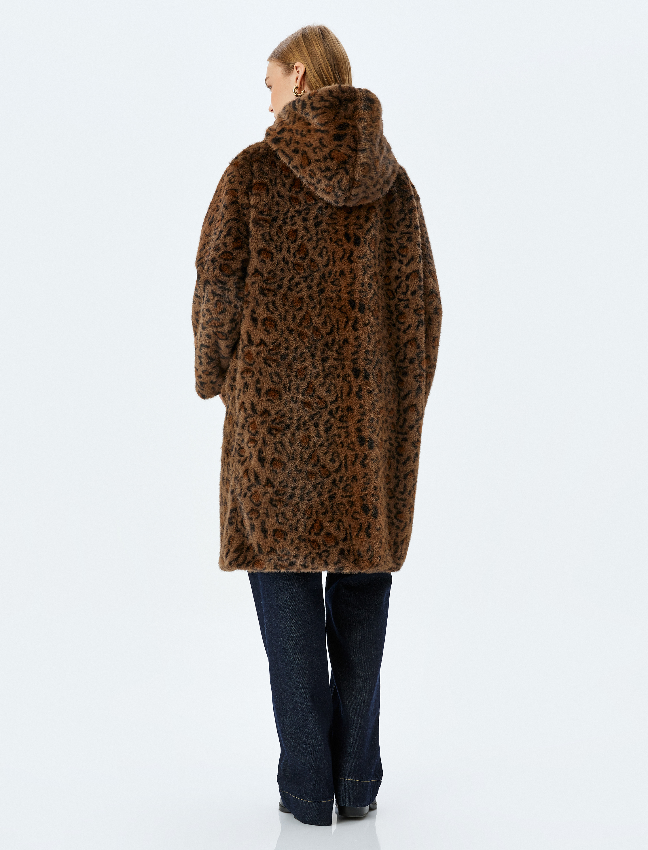   Kapüşonlu Cep Detaylı Leopar Suni Kürk Kaban