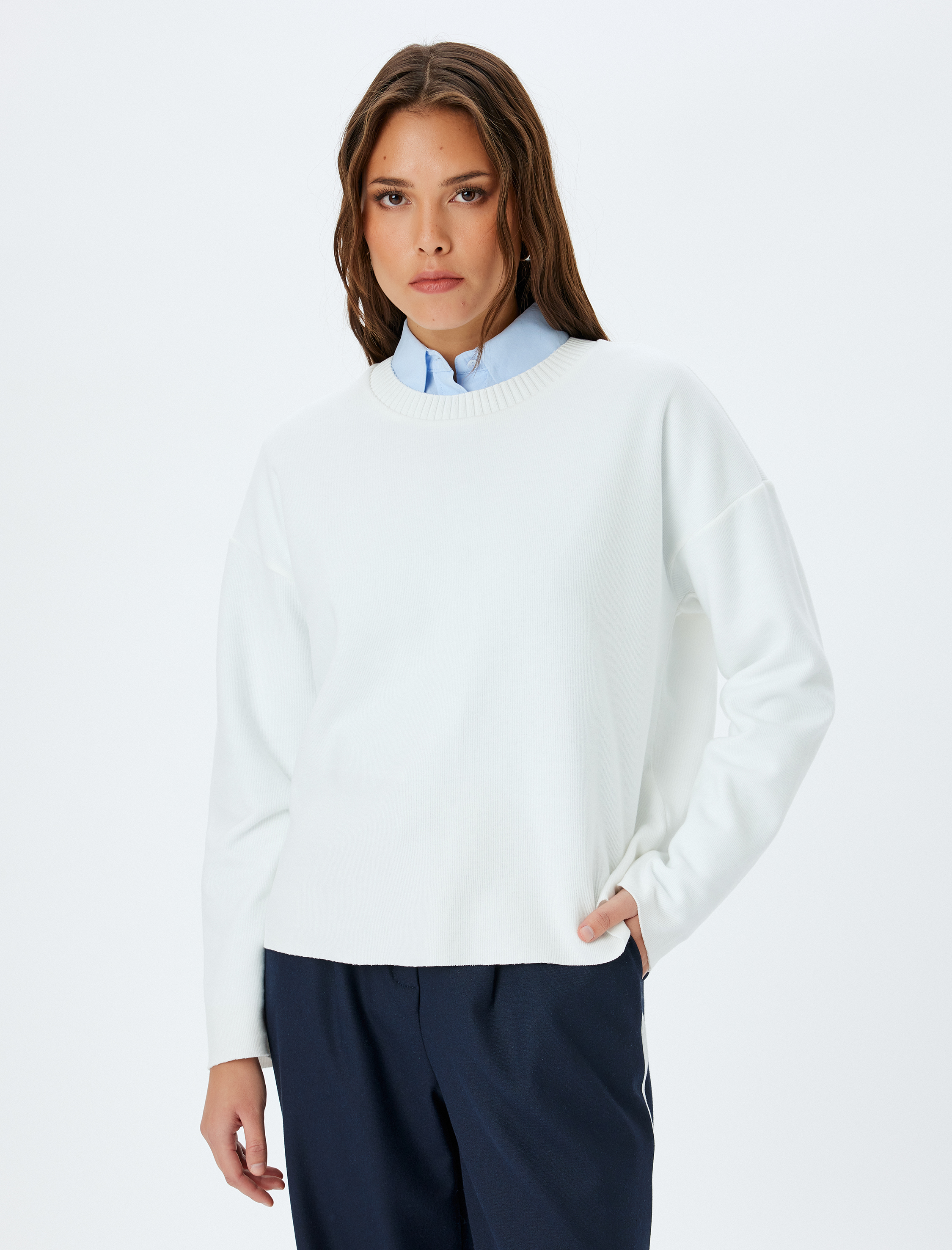   Uzun Kollu Bisiklet Yaka Pamuklu Basic Sweatshirt