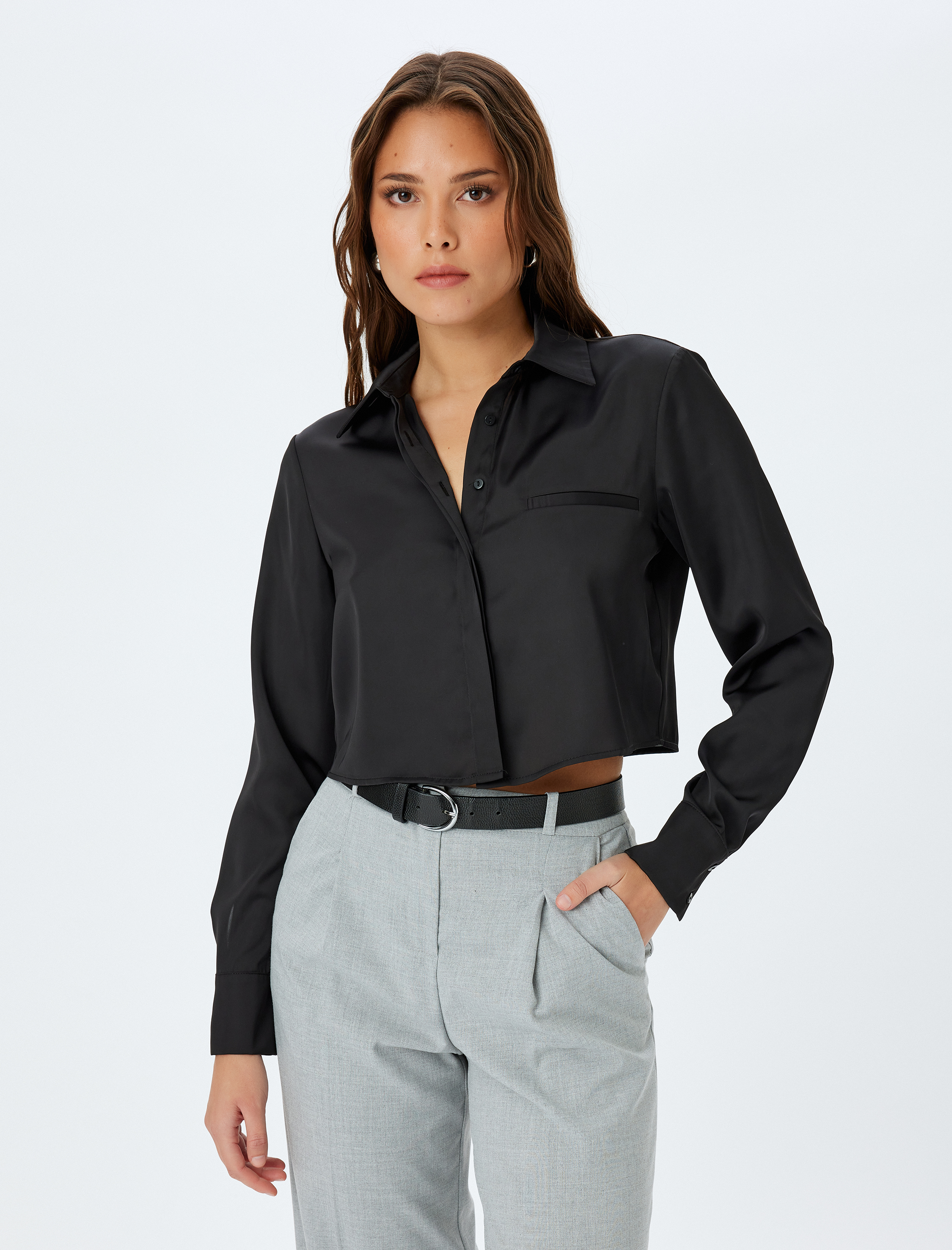   Klasik Yaka Uzun Kollu Regular Fit Crop Gömlek