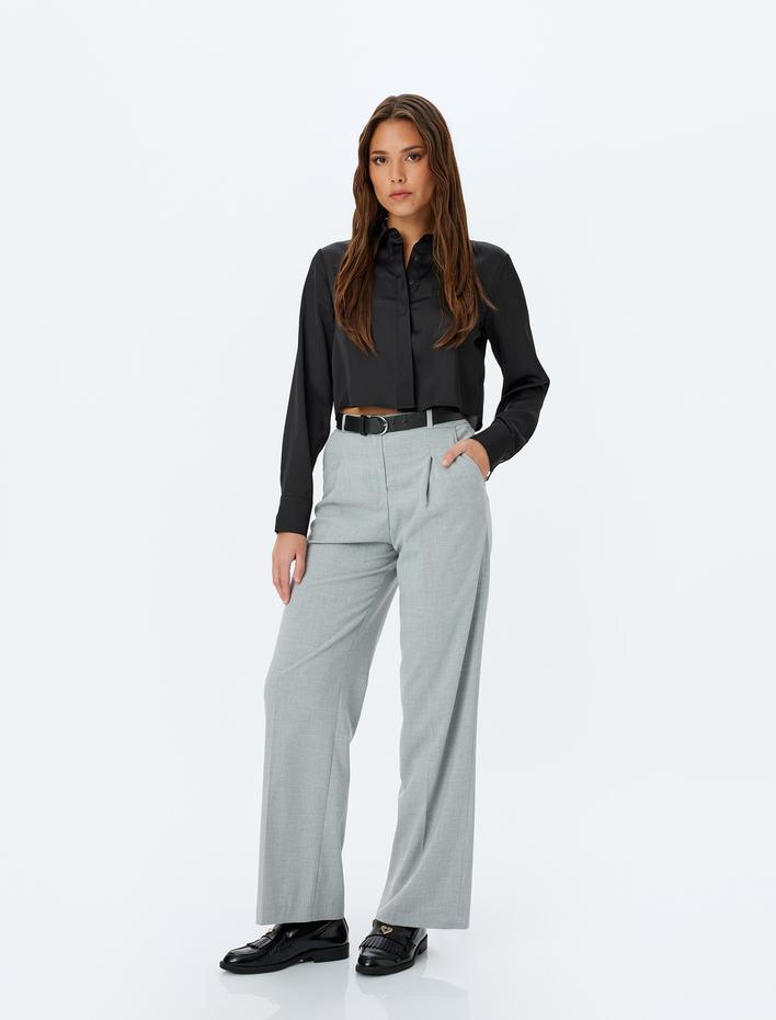  Klasik Yaka Uzun Kollu Regular Fit Crop Gömlek