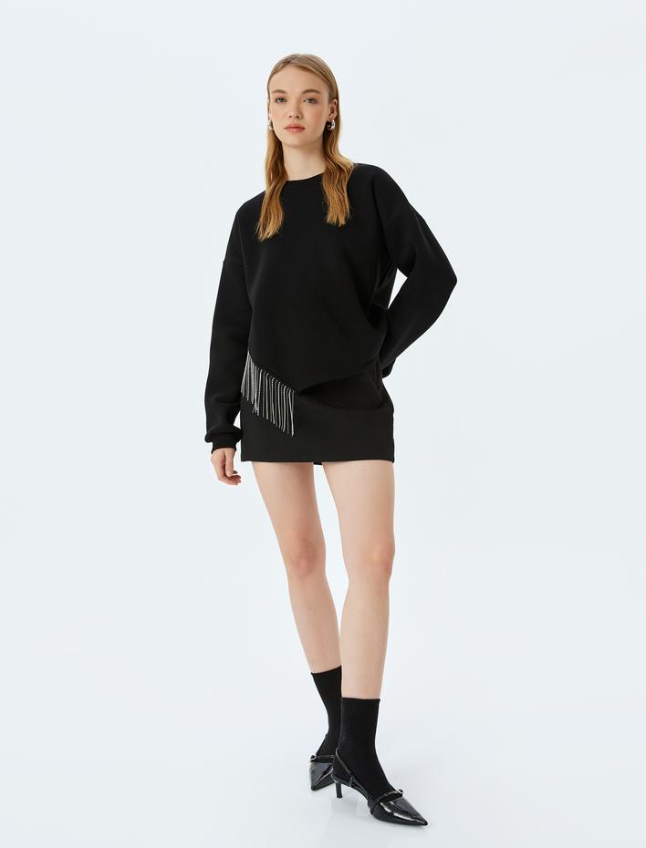  Şardonlu Bisiklet Yaka Taş Detaylı Uzun Kollu Oversize Sweatshirt