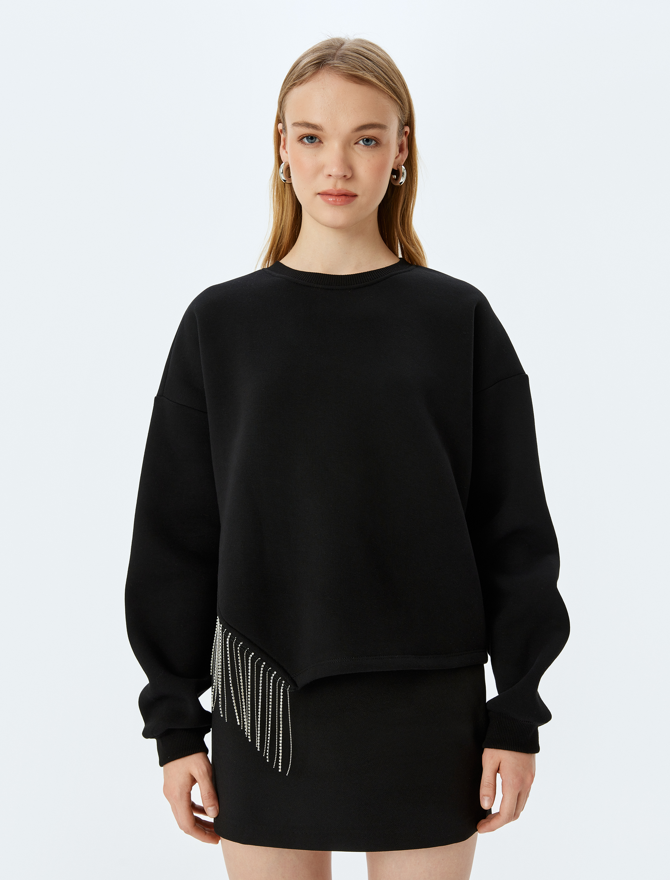   Şardonlu Bisiklet Yaka Taş Detaylı Uzun Kollu Oversize Sweatshirt