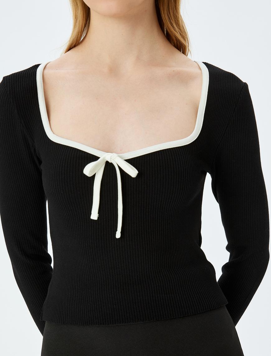   Kalp Yaka Fiyonk Detaylı Fitilli Uzun Kollu Slim Fit Bluz