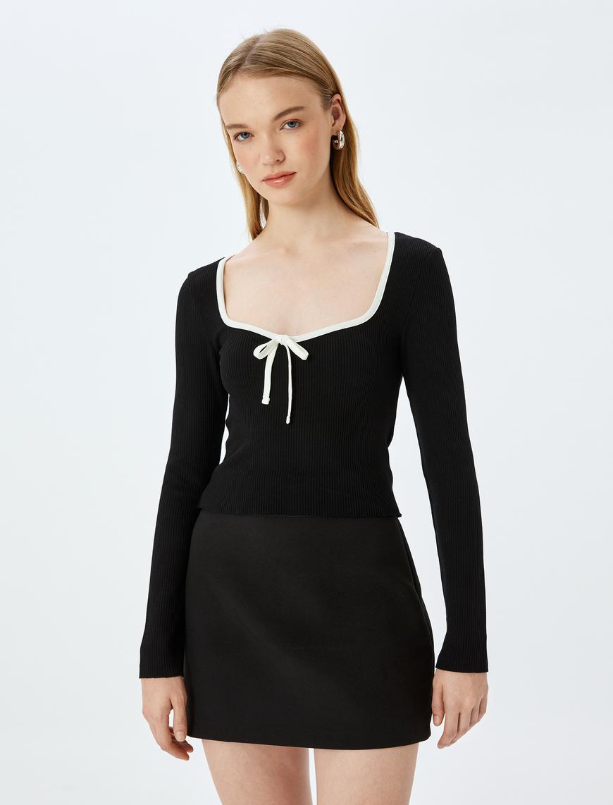   Kalp Yaka Fiyonk Detaylı Fitilli Uzun Kollu Slim Fit Bluz