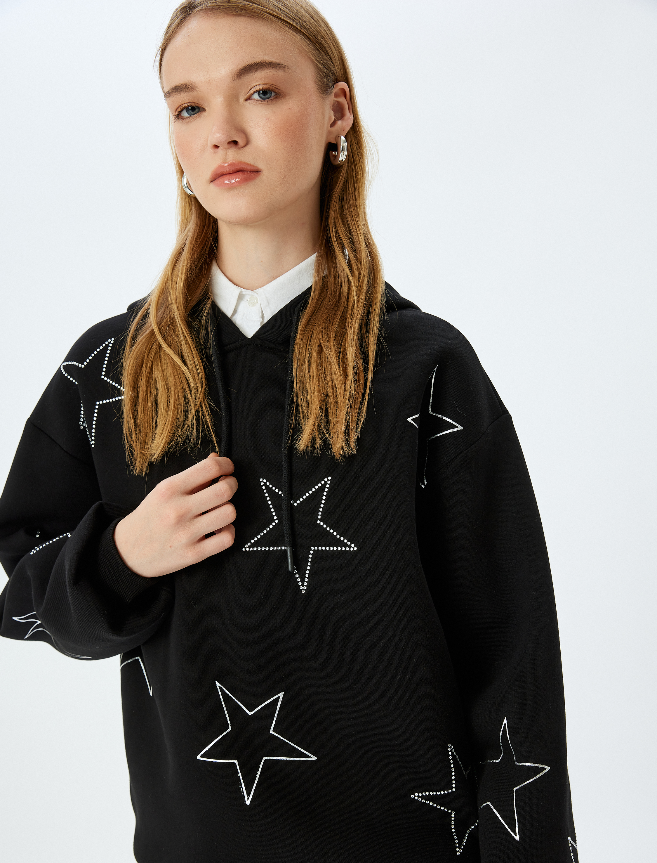   Şardonlu Kapüşonlu Taşlı Yıldız Baskılı Uzun Kollu Oversize Sweatshirt