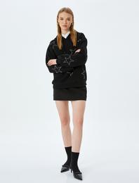 Şardonlu Kapüşonlu Taşlı Yıldız Baskılı Uzun Kollu Oversize Sweatshirt