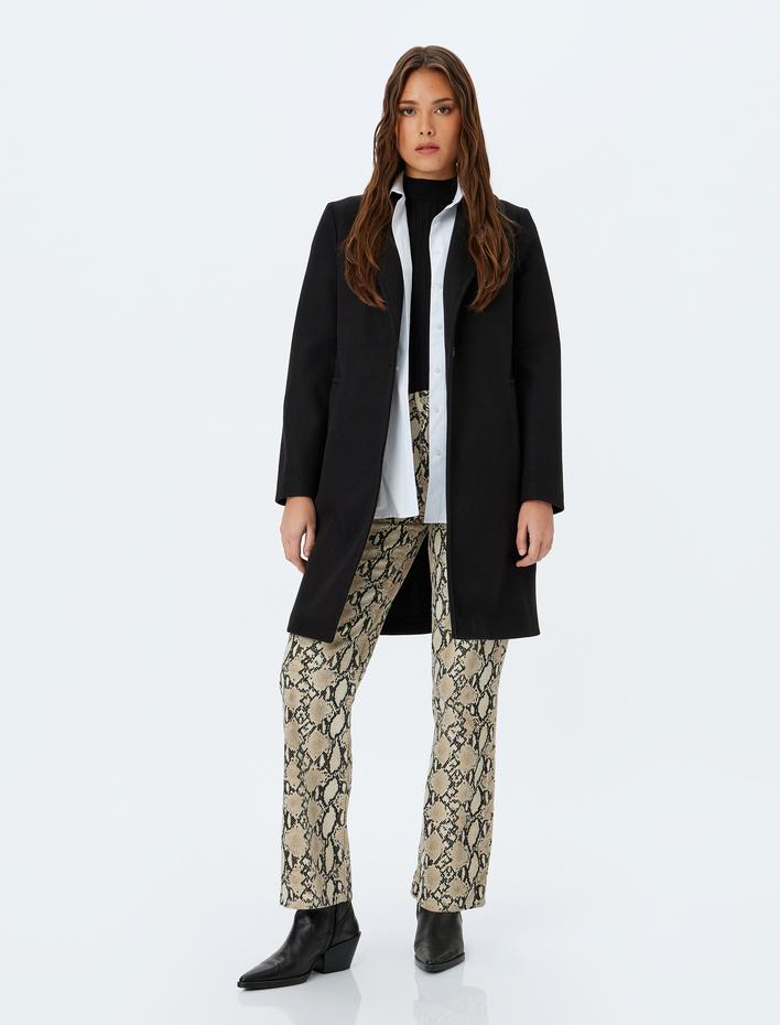  Uzun Kollu Düğmeli Kruvaze Kaşe Kaban