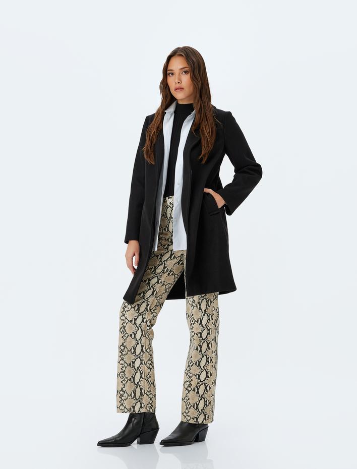  Uzun Kollu Düğmeli Kruvaze Kaşe Kaban