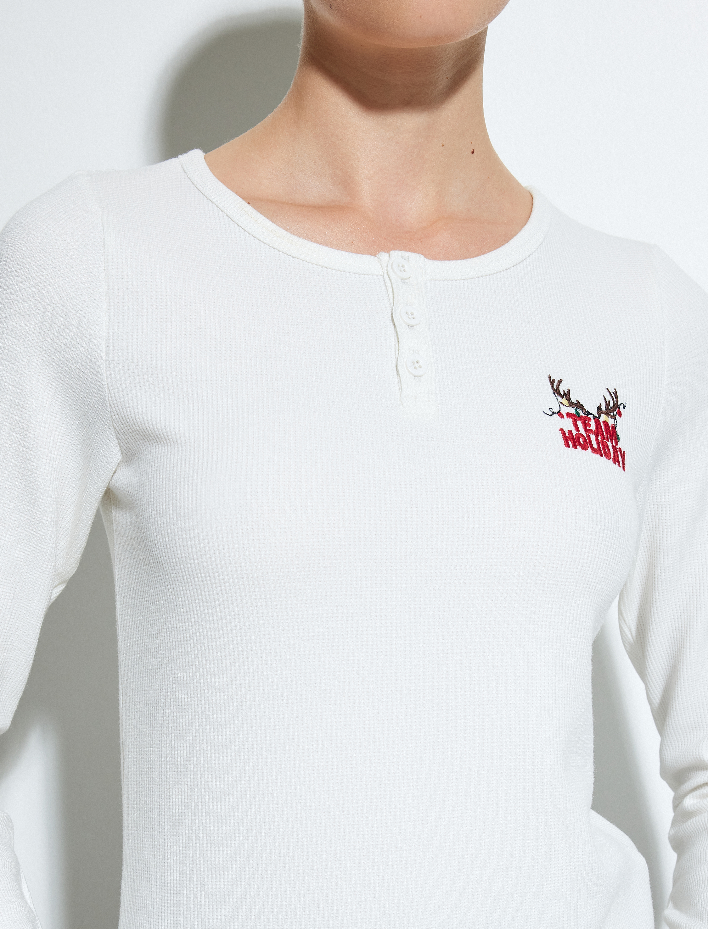   Yılbaşı Temalı Uzun Kollu Bisiklet Yaka Pamuklu Pijama Üstü