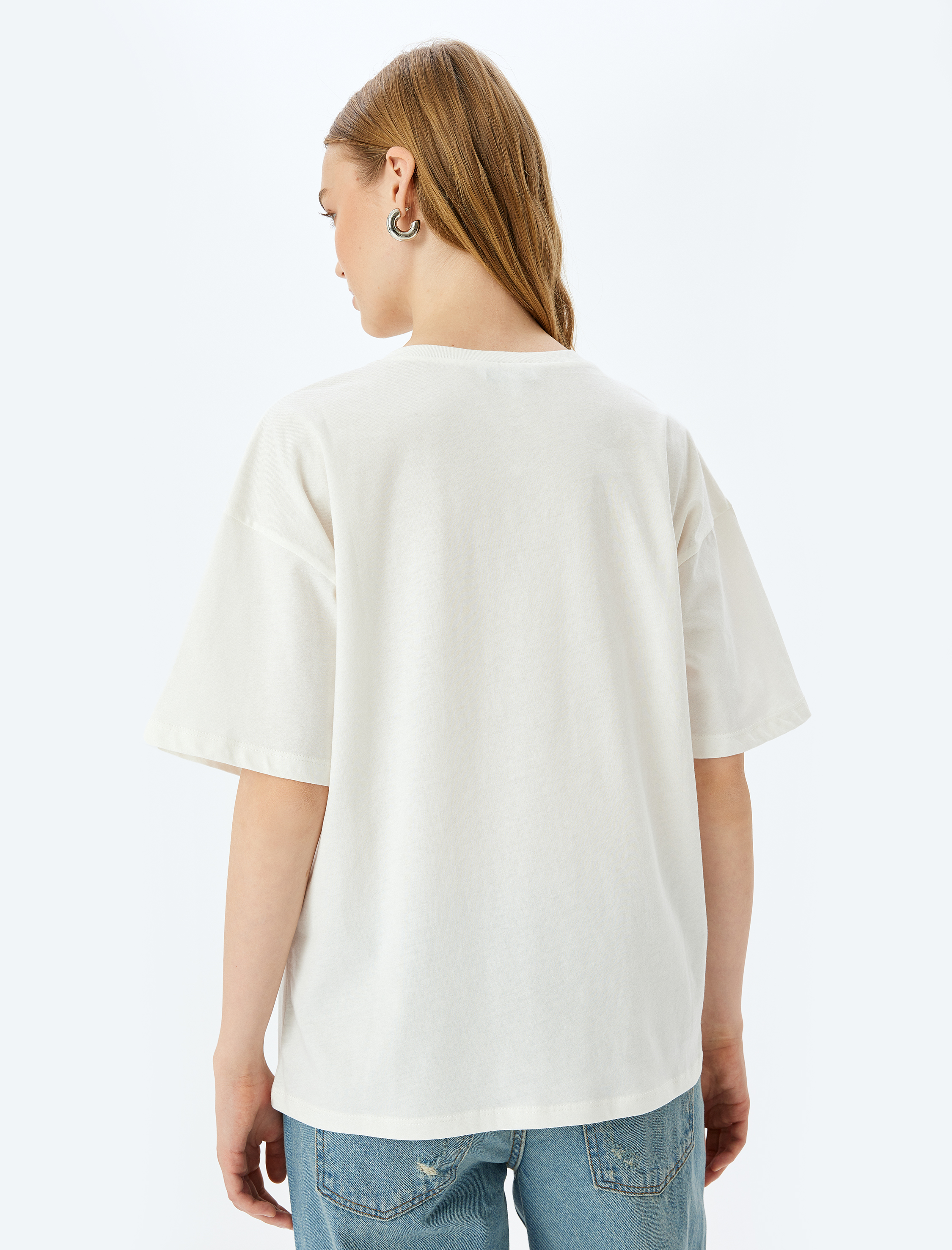   Kedi Baskılı Bisiklet Yaka Oversize Kısa Kollu Pamuklu Tişört