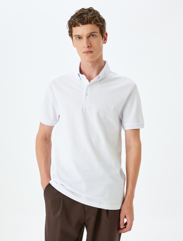 Kısa Kollu Düğme Detaylı Pamuklu Slim Fit Polo Yaka Tişört_2
