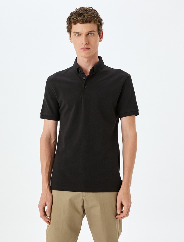 Kısa Kollu Düğme Detaylı Pamuklu Slim Fit Polo Yaka Tişört_2