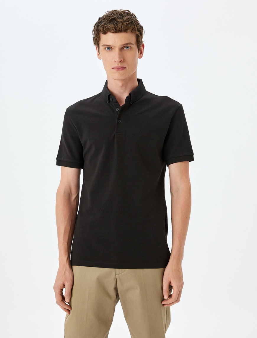   Kısa Kollu Düğme Detaylı Pamuklu Pike Kumaş Slim Fit Polo Yaka Tişört