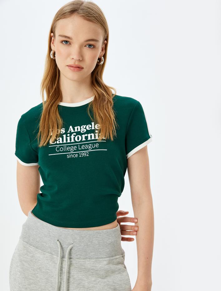  Slogan Baskılı Bisiklet Yaka Kısa Kollu Biyeli Slim Fit Tişört