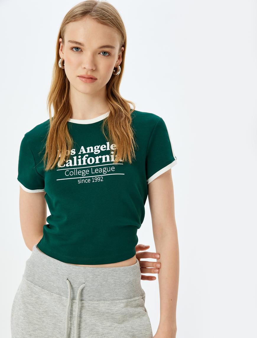   Slogan Baskılı Bisiklet Yaka Kısa Kollu Biyeli Slim Fit Tişört