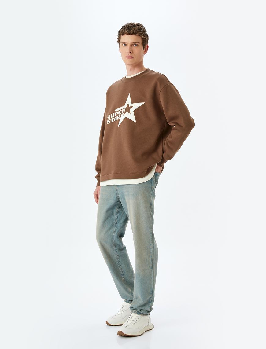   Bisiklet Yaka Pamuk Karışımlı Şardonlu Slogan Baskılı Oversize Sweatshirt