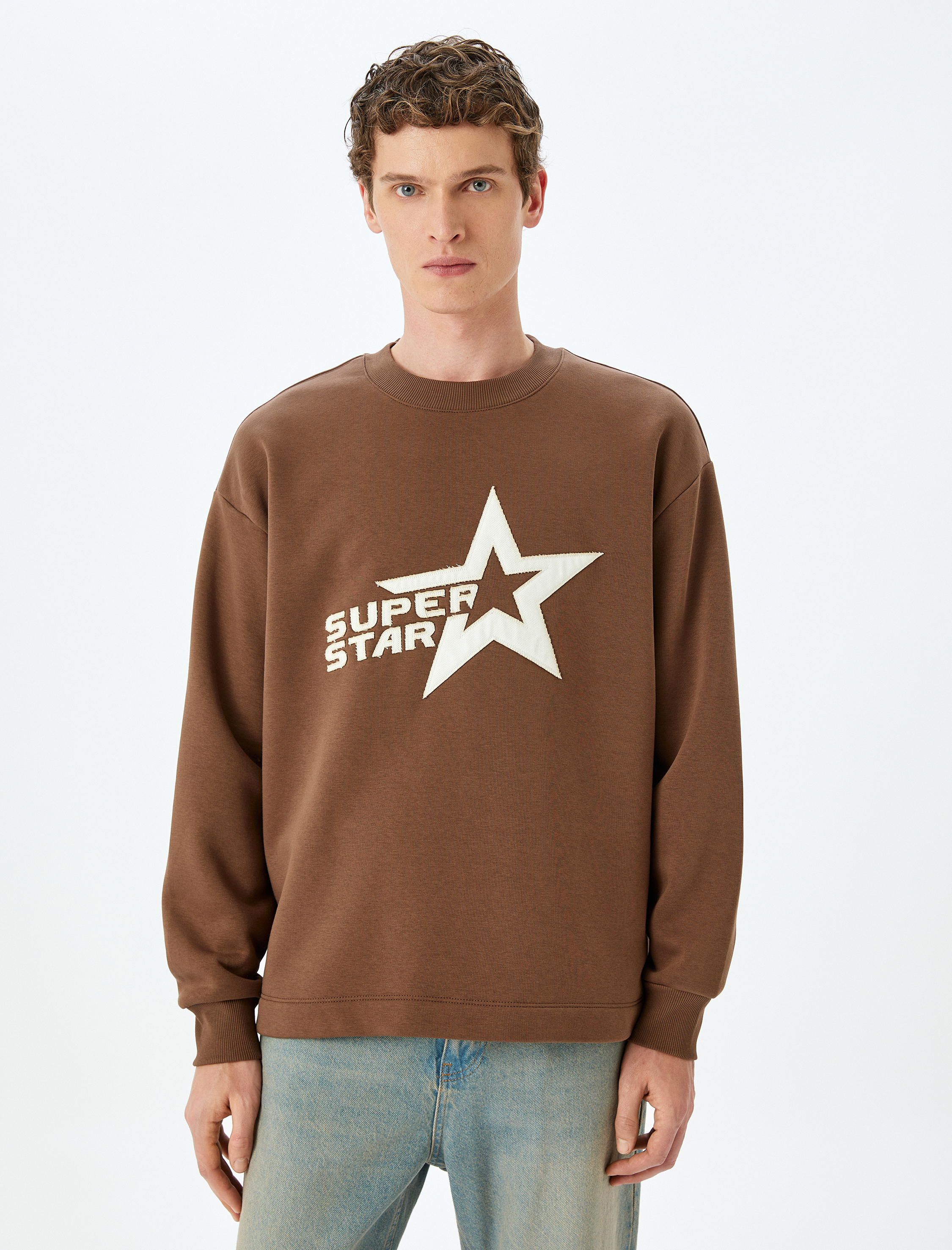   Bisiklet Yaka Pamuk Karışımlı Şardonlu Slogan Baskılı Oversize Sweatshirt