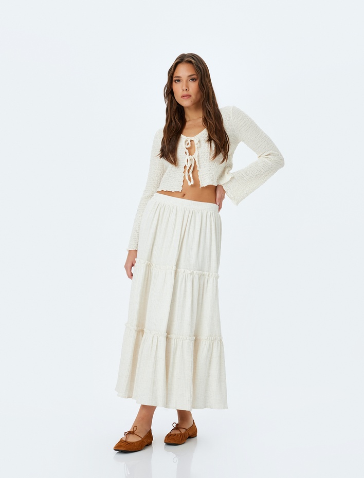  Keten Karışımlı Yüksek Bel Uzun Etek