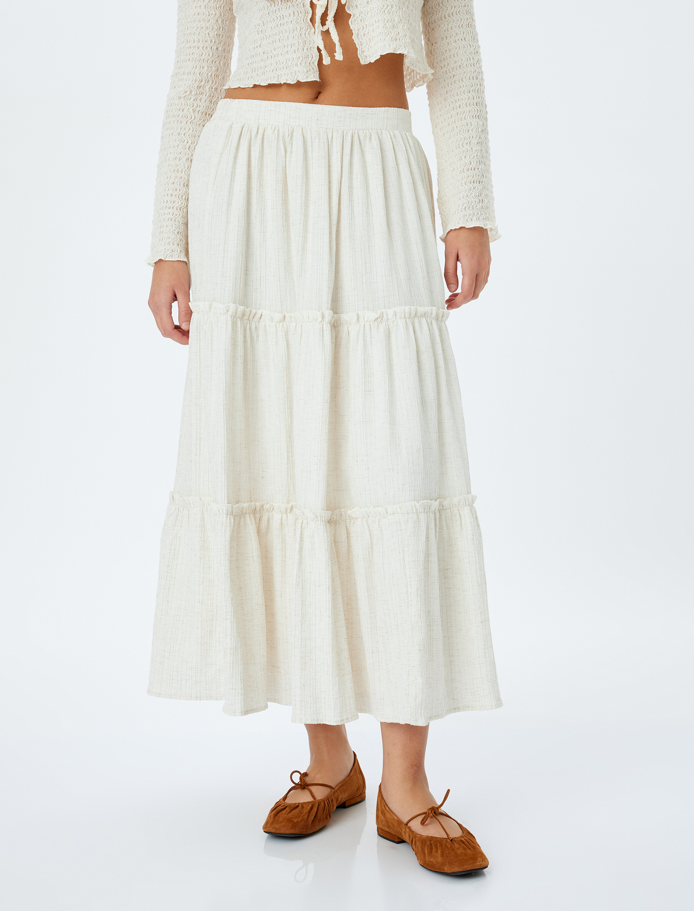 Keten Karışımlı Yüksek Bel Uzun Etek