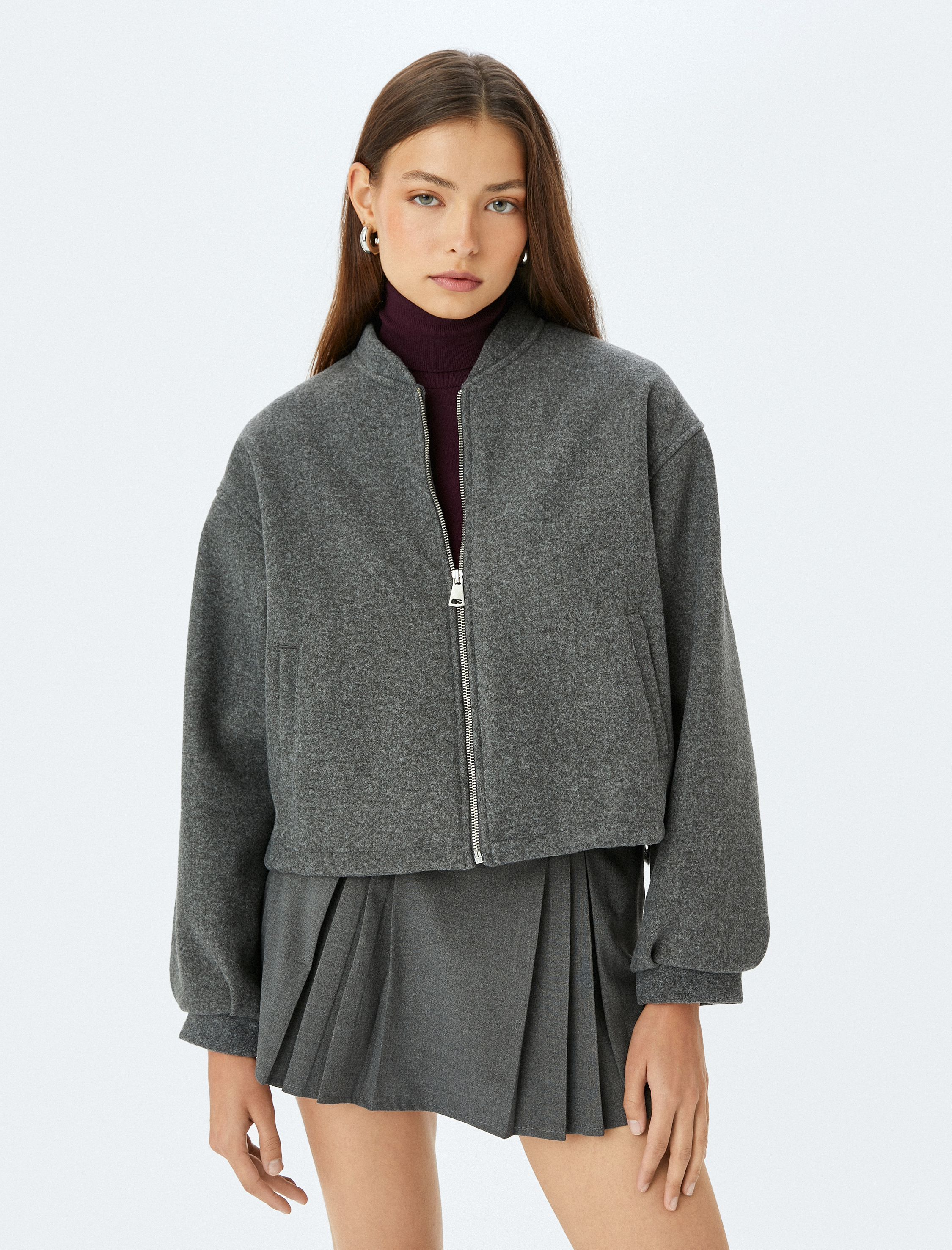   Fermuarlı Cep Detaylı Kolej Oversize Kaşe Bomber Ceket