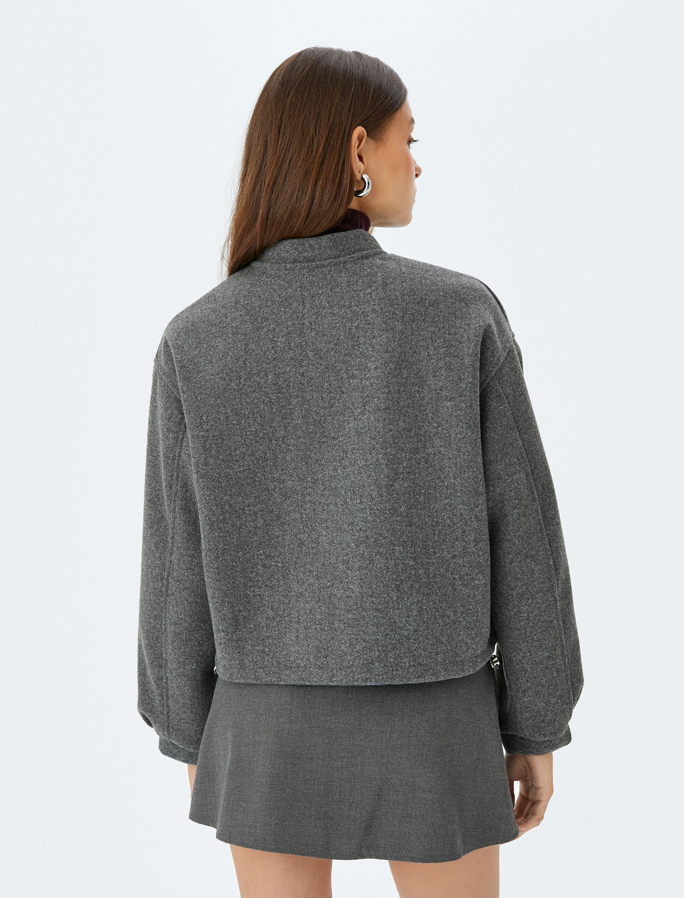   Fermuarlı Cep Detaylı Kolej Oversize Kaşe Bomber Ceket