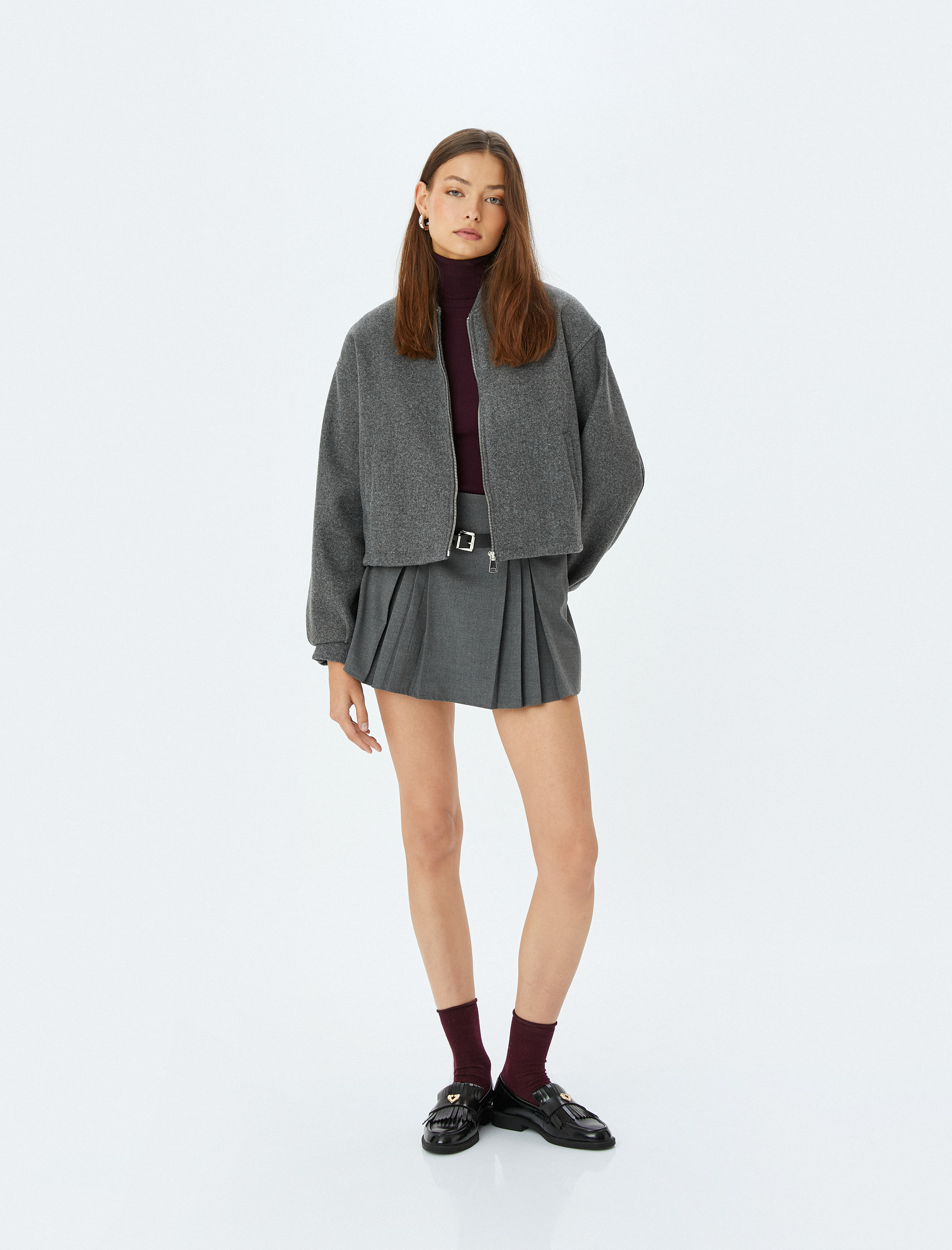   Fermuarlı Cep Detaylı Kolej Oversize Kaşe Bomber Ceket