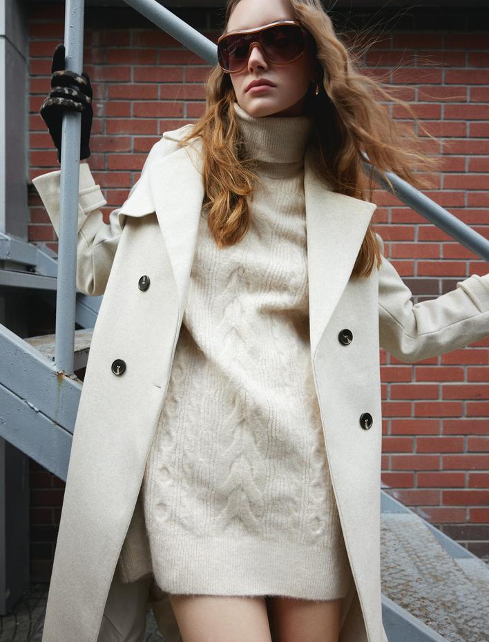  Midi Boy Triko Elbise Balıkçı Yaka Saç Örgü Dokulu Rahat Kalıp