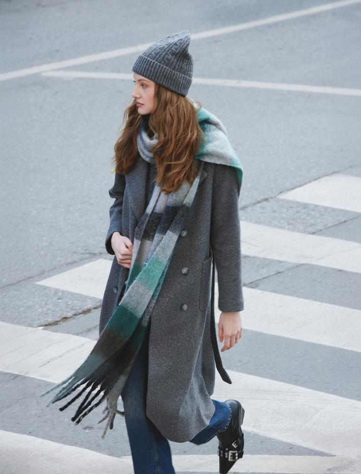  Kuşak Detaylı Cepli Düğmeli Kruvaze Ekstra Uzun Kaşe Kaban