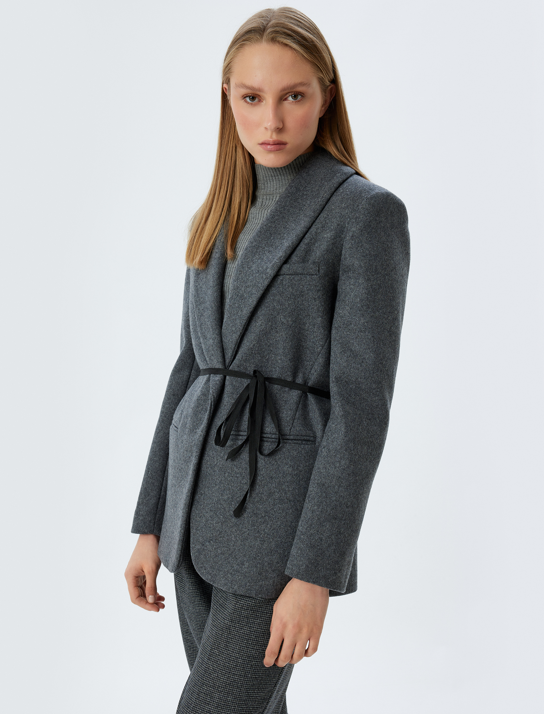   Kaşe Blazer Ceket Bağlama Detaylı Cepli