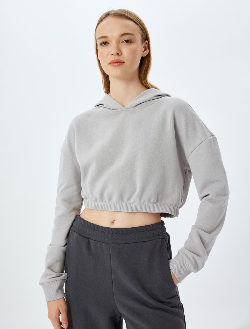   Kapüşonlu Uzun Kollu Crop Beli Lastikli Oversize Sweatshirt