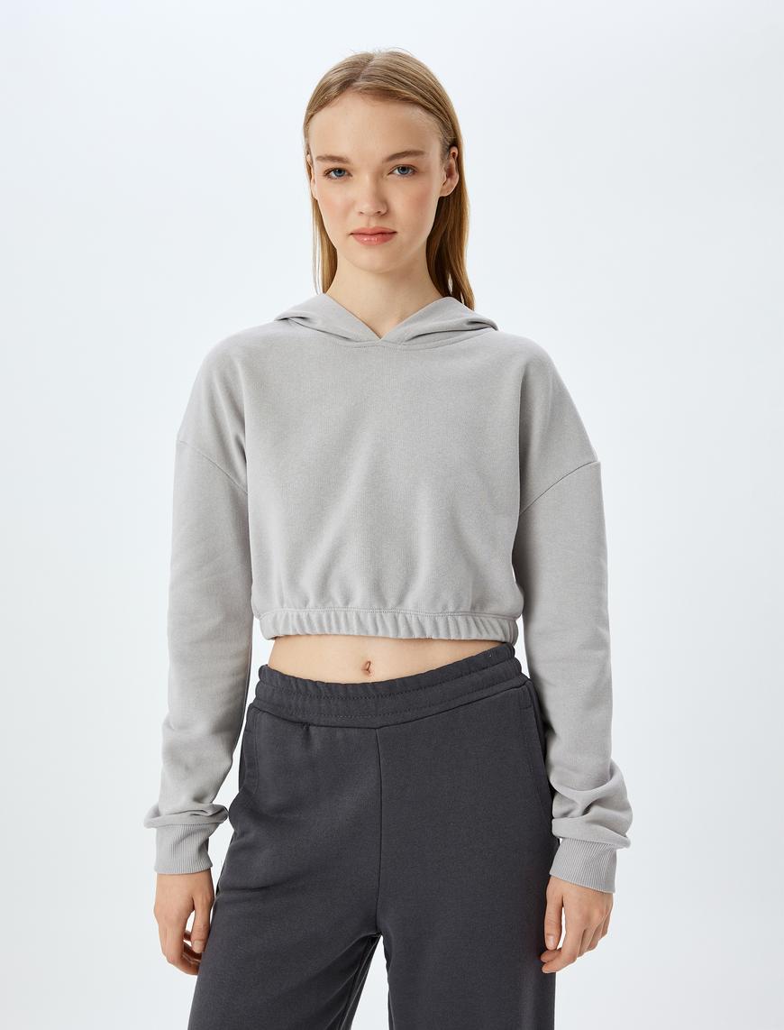   Kapüşonlu Uzun Kollu Crop Beli Lastikli Oversize Sweatshirt