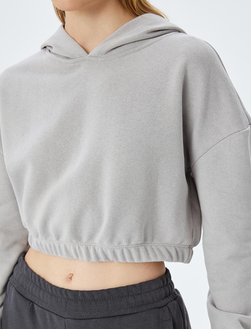   Kapüşonlu Uzun Kollu Crop Beli Lastikli Oversize Sweatshirt