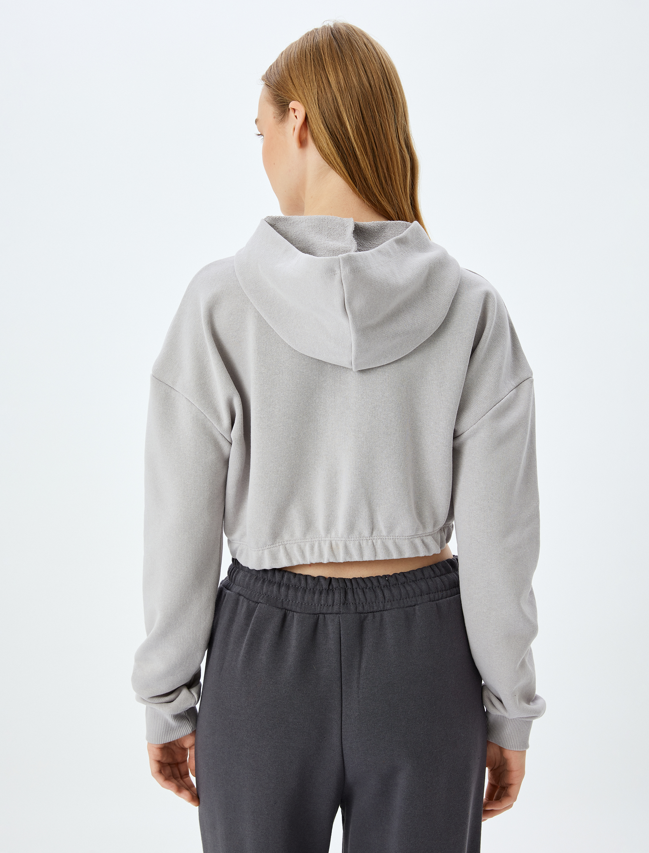   Şardonlu Kapüşonlu Uzun Kollu Crop Oversize Sweatshirt