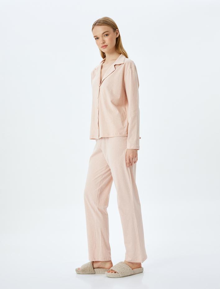  Gömlek Yaka Düğmeli Puantiye Desenli Pijama Takımı