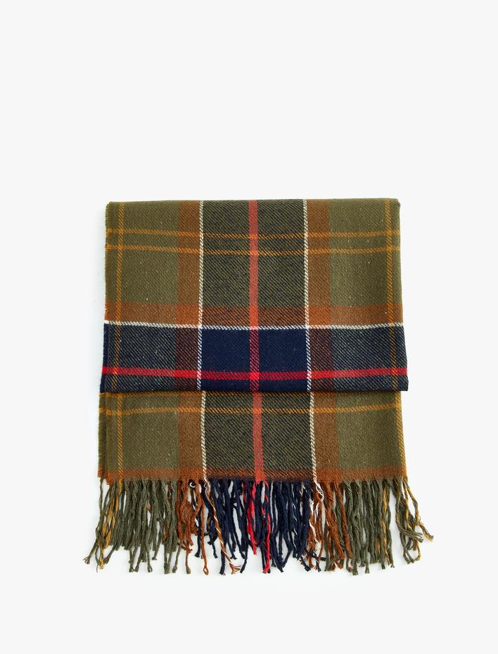 Kadın Ekoseli Püsküllü Uzun Atkı