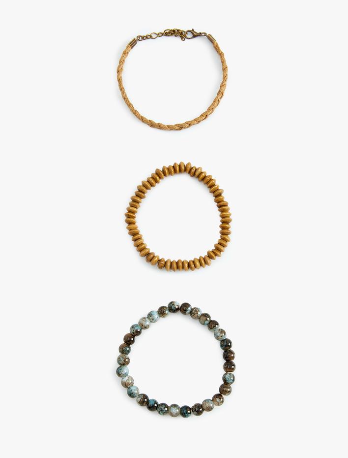 Erkek Ahşap Boncuklu Örgü 3'lü Bileklik Seti