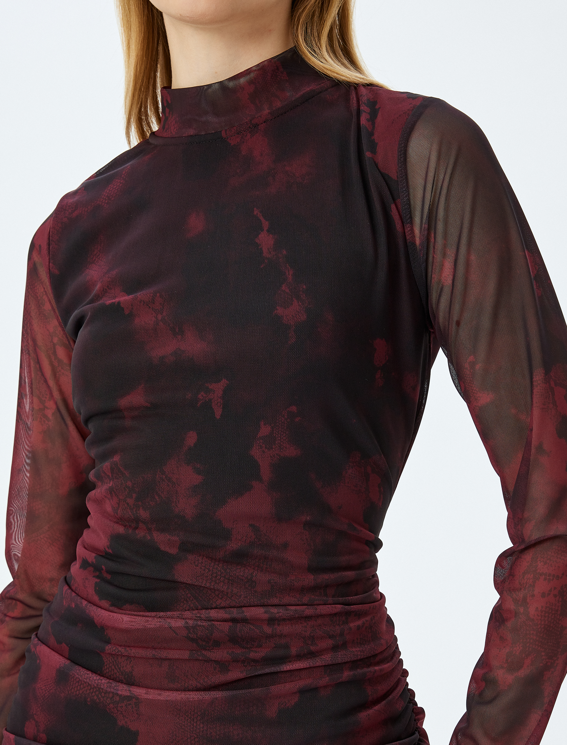   Drapeli Dik Yaka Uzun Kollu Slim Fit Mini Tül Elbise