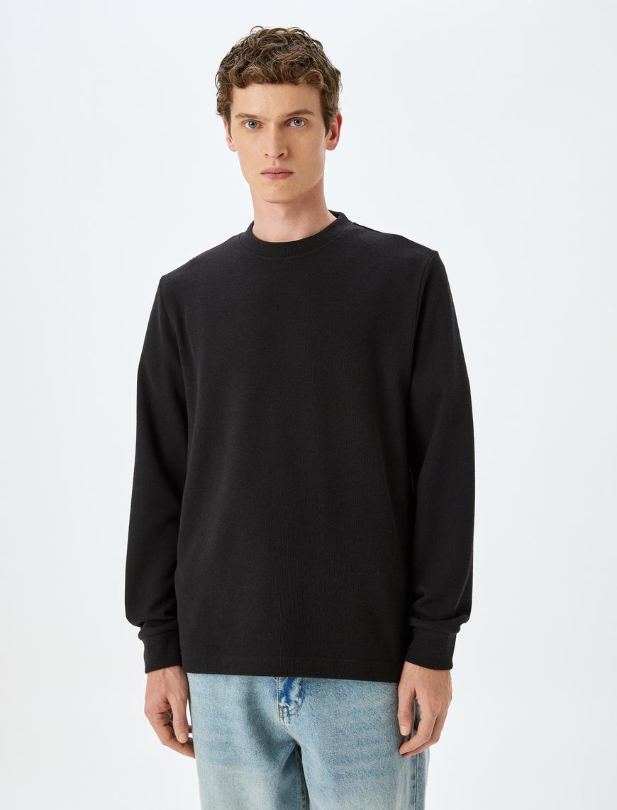   Pamuk Karışımlı Dokulu Basic Bisiklet Yaka Sweatshirt