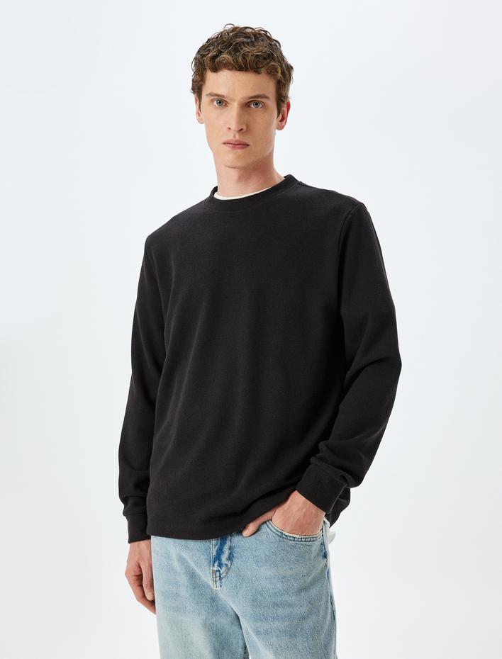  Pamuk Karışımlı Dokulu Basic Bisiklet Yaka Sweatshirt