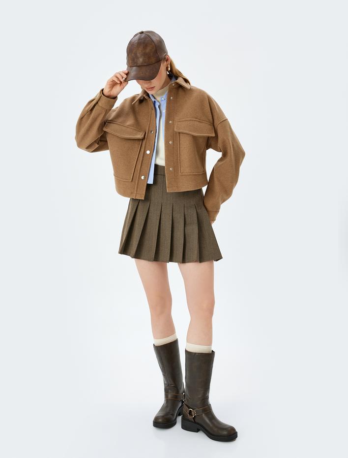  Gömlek Yaka Cep Detaylı Düğmeli Dokulu Shacket