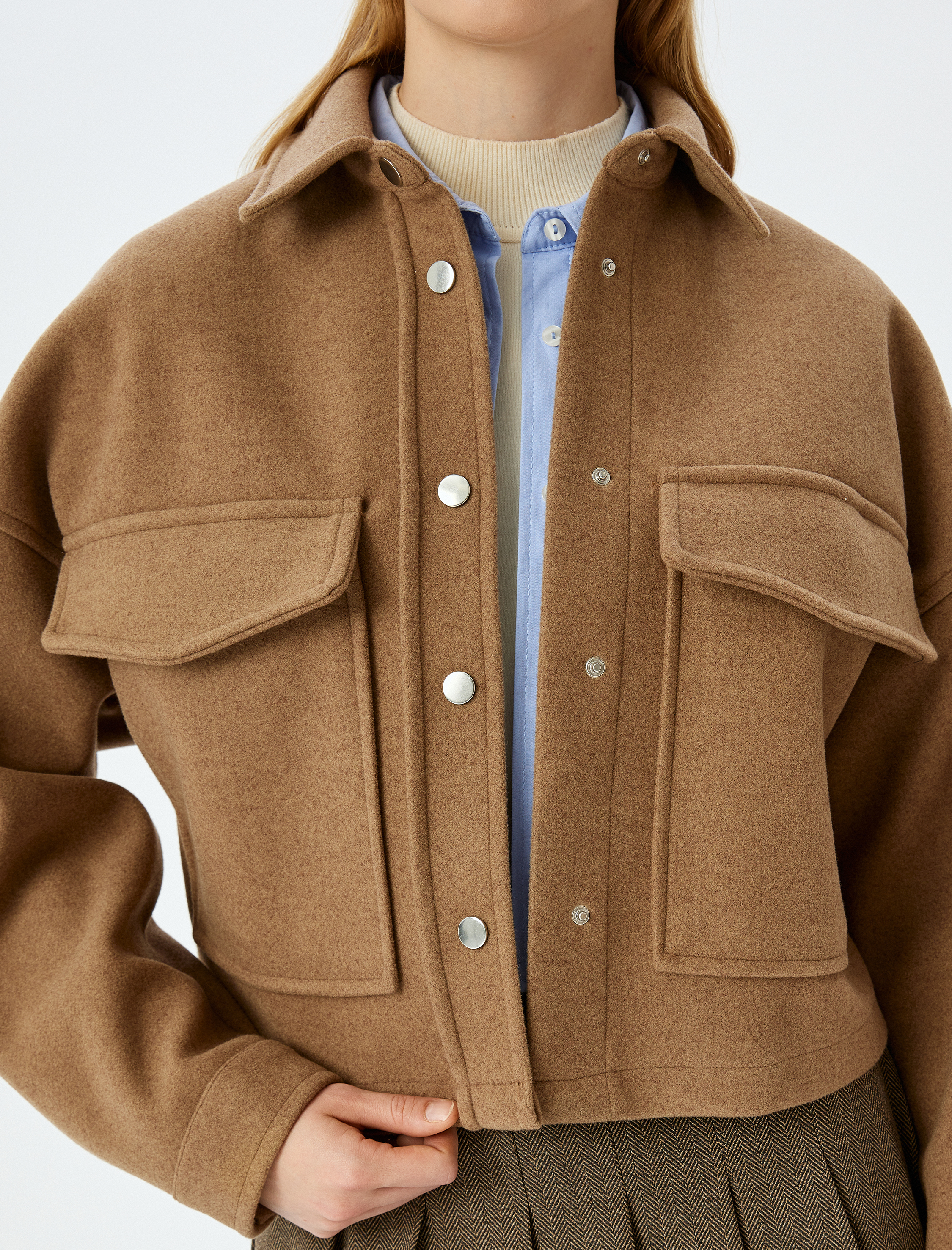   Gömlek Yaka Cep Detaylı Düğmeli Dokulu Shacket