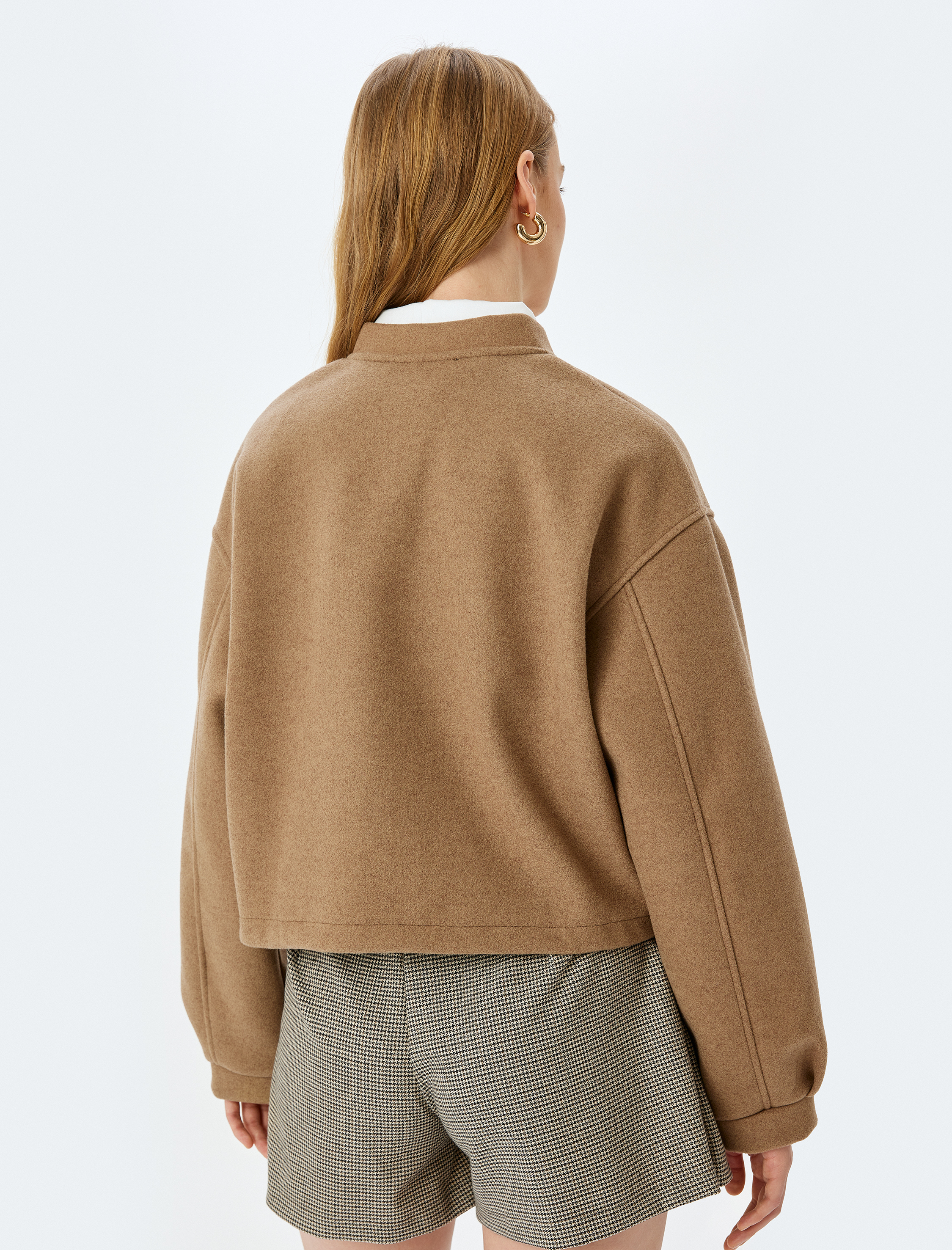   Fermuarlı Cep Detaylı Kolej Oversize Kaşe Bomber Ceket